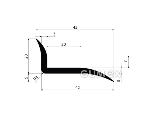 Gumový profil tvaru "L", 25x45/3mm, 70°ShA, EPDM, -40°C/+100°C, čierny